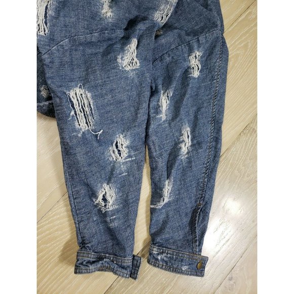 Free People Jean Jacket Women's LARGE Cotton Bomber Full Zipper Snap Distressed - Picture 7 of 10